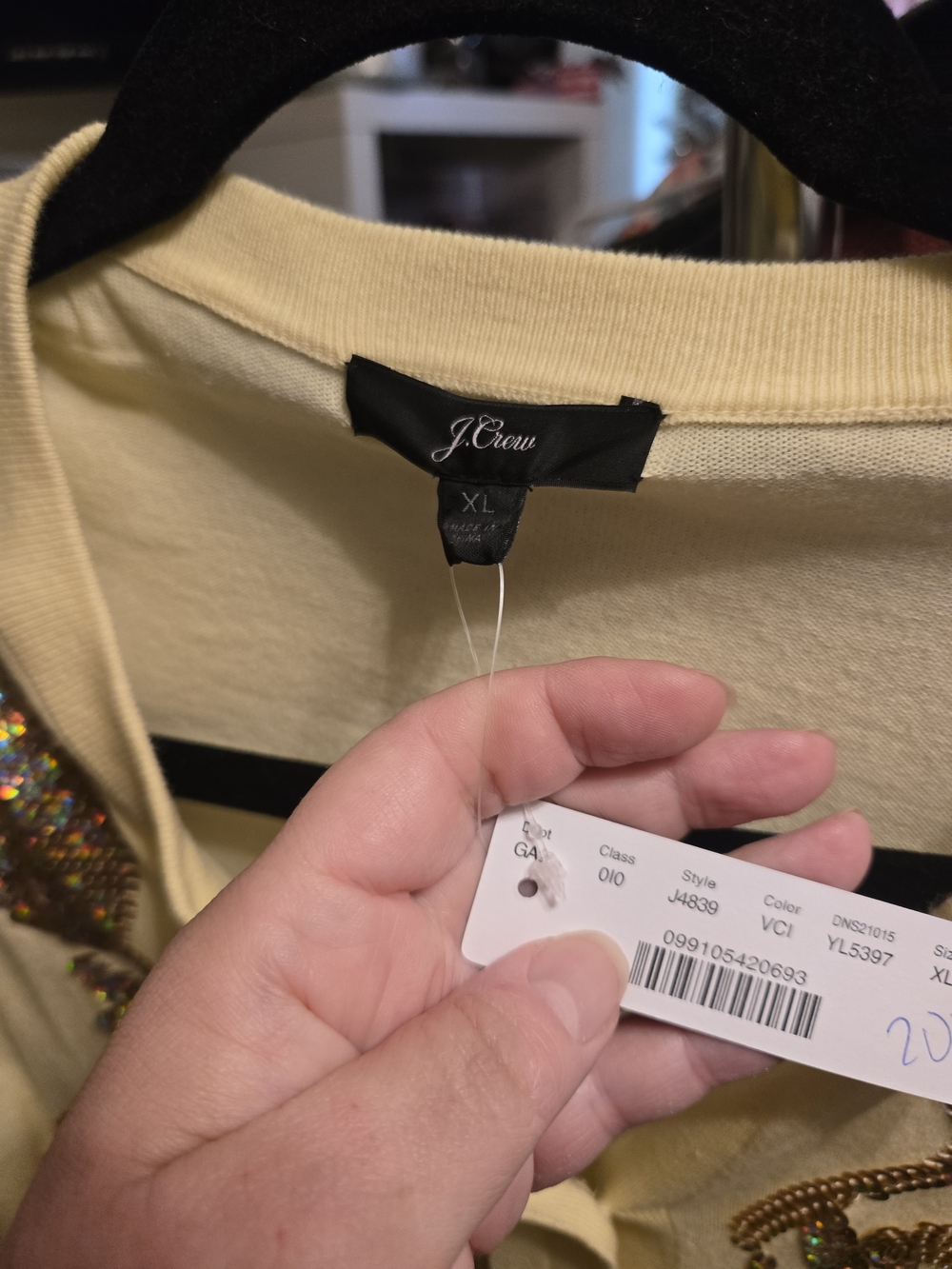 J. Crew Pale Yellow Cardigan with Gold Sequin Floral Appliqué - Picture 2 of 2